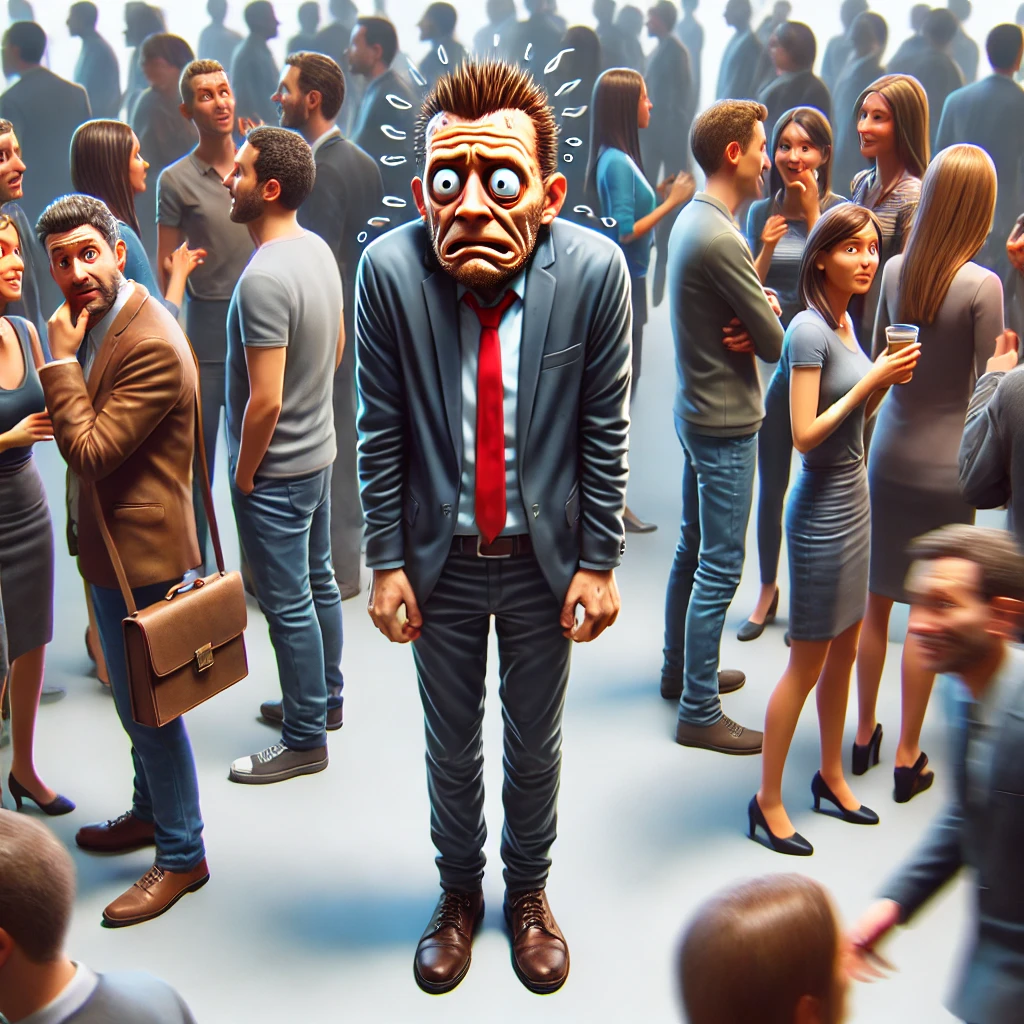Personne anxieuse au milieu d'une foule, exprimant une forte anxiété dans un contexte social