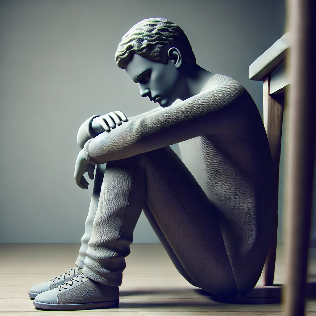 Jeune homme assis par terre, la tête baissée, symbolisant une faible estime de soi et un sentiment d'isolement