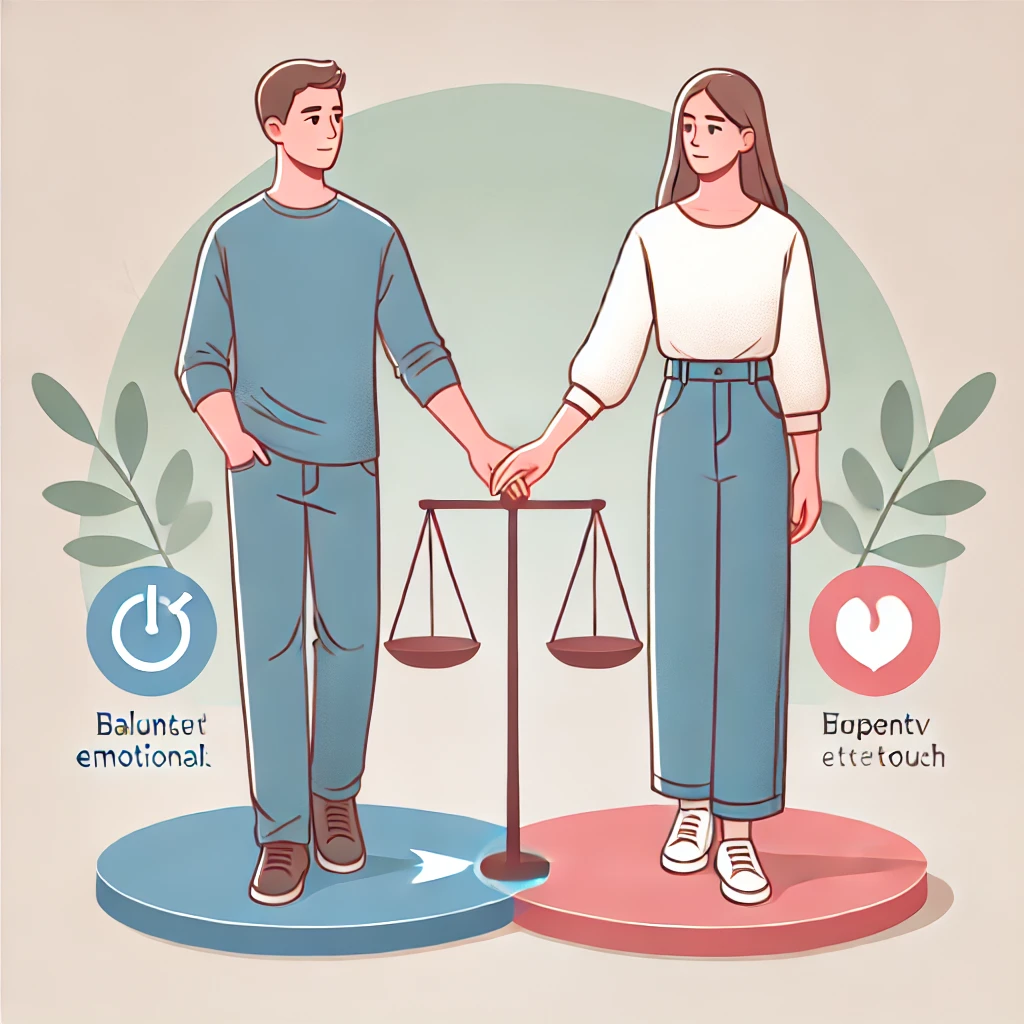 Couple se tenant la main avec une balance entre eux, symbolisant un attachement émotionnel équilibré
