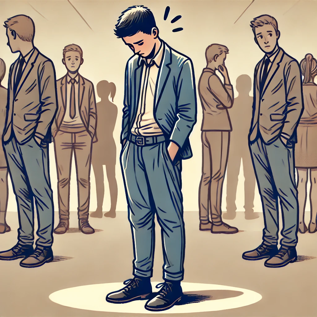 Jeune homme en costume regardant vers le bas, isolé dans une foule, symbolisant une faible confiance en soi