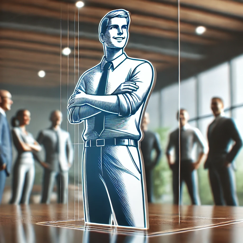 Homme debout avec les bras croisés, symbolisant une forte confiance en soi et le leadership au sein d'un groupe