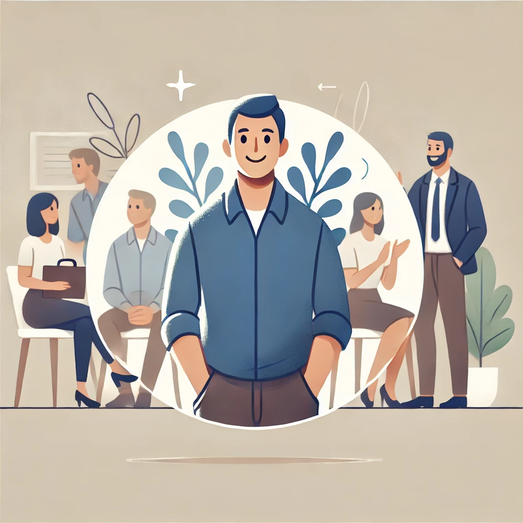 Homme au centre avec un sourire confiant, représentant une confiance en soi modérée au sein d'un groupe