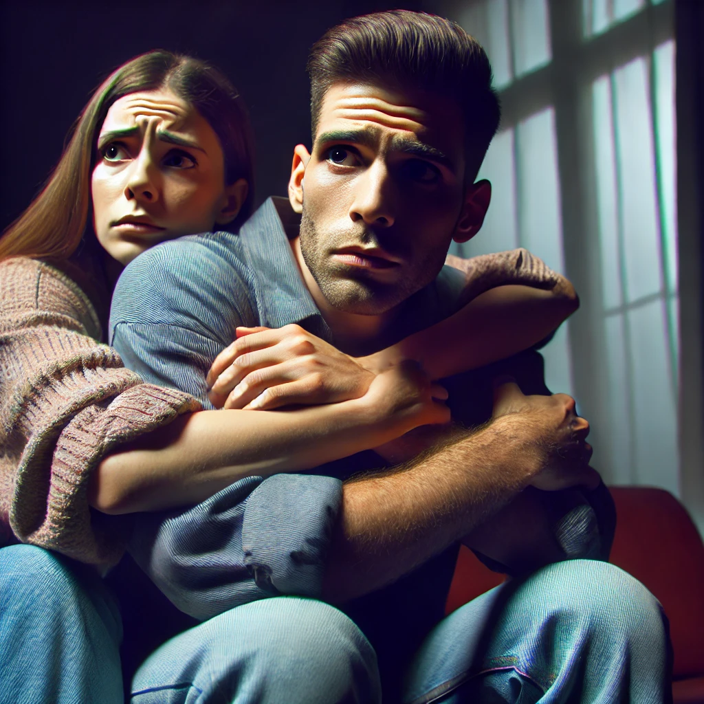 Couple serré l'un contre l'autre, exprimant la peur et l'anxiété, symbolisant la dépendance affective dans une relation